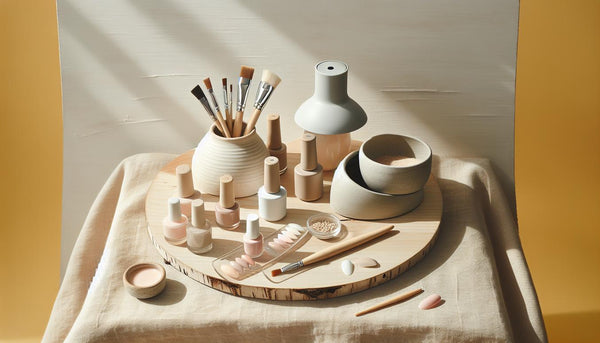 Flatlay mit pastellfarbenen Gel-Fläschchen, LED-UV-Lampe und geöffnetem, unbeschriftetem Gel-Starter-Set auf sandfarbenem Stoff mit Muscheln am Rand – Gelnägel Trends 2024
