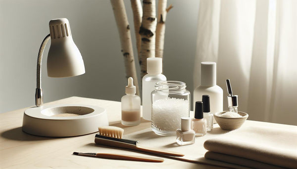 Aufgeräumter Pediküre-Arbeitsplatz mit offenem Gel-Kit, LED-Lampe und schlichten Fläschchen auf hellem Holz, dezente Blüten und Zitronenzeste – gelnägel zehennägel