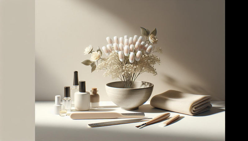 Nahaufnahme von Press-on-French-Nägeln auf hellem Holz mit Feile, Cleanertuch und Cuticle Oil – minimalistisch, natürliches Licht, haltbarkeit french nägel