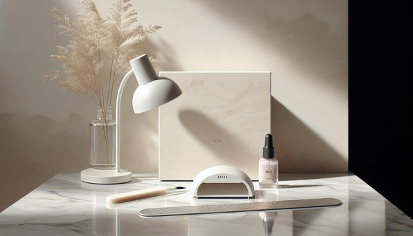 Aufgeräumter Nagelarbeitsplatz mit unbranded Starter‑Kit, UV‑Lampe, Nagelöl und Feile auf hellem Marmor – Kosten Gelnägel visualisiert