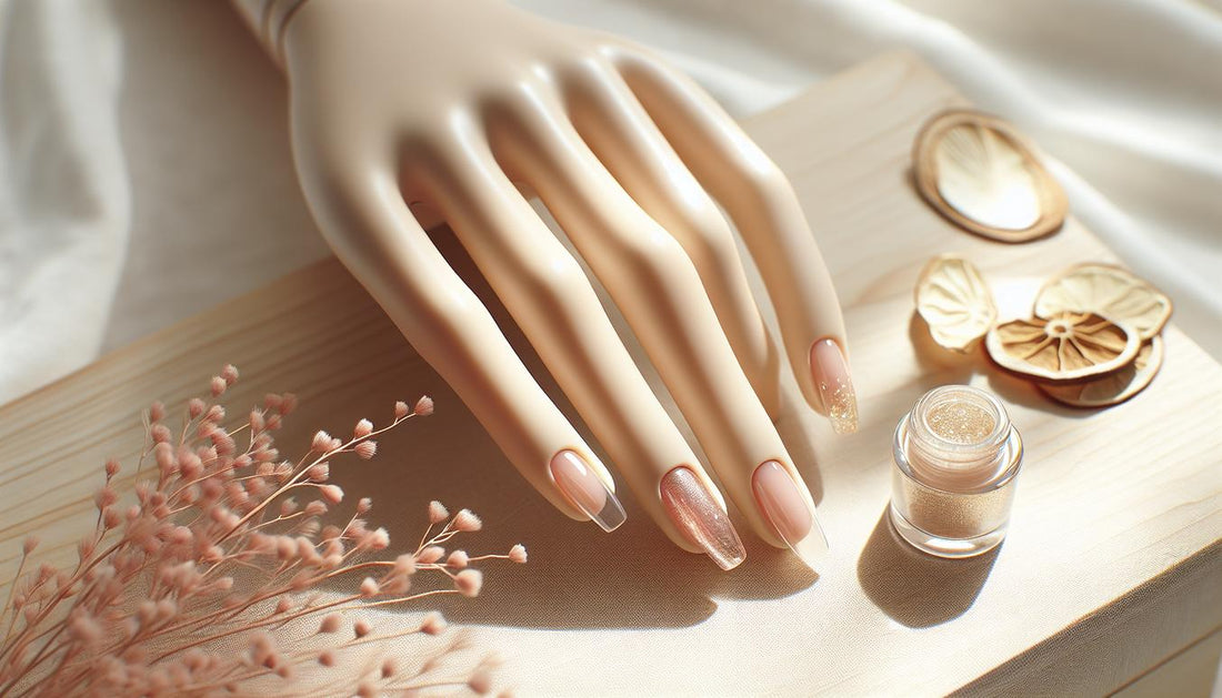 Silikon‑Mannequin‑Finger mit kurzen natürlichen Gelnägeln in Sheer Rosé und hauchzartem Goldglitzer an den Spitzen, minimalistisches helles Setting