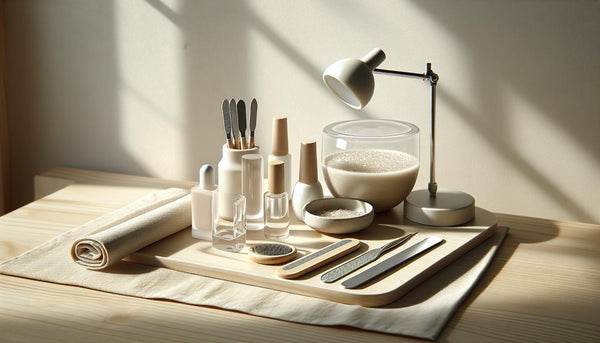 Nahaufnahme eines aufgeräumten Nagelarbeitsplatzes mit Buffer, feiner Feile, Glasfläschchen (Dehydrator, Primer), LED‑Lampe und offenem Top Coat, minimalistisch, liftings