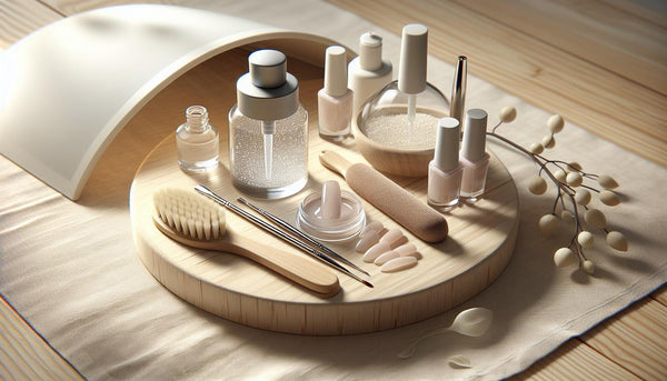 Minimalistische Nagelarbeitsfläche mit Pinsel, feinem Buffer, kleinen Fläschchen, UV/LED‑Lampe und abgetrenntem versiegeltem Gelnagel‑Tip – Liftings vermeiden