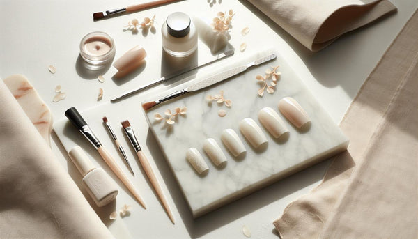 Flatlay auf heller Marmorplatte mit mehreren milchig weiße Nägel (Gel-Tips), geordnetes Nail-Tool-Set (Pinsel, Feile, Primer), dezente Blütenblätter, weiches Tageslicht, minimalistisch.