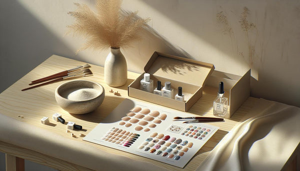 Minimalistisches Flatlay mit unmarkiertem Gelly‑Gel‑Starterset, bunten Nagelaufklebern und fertigen Kunstnägeln auf hellem Holz – Nagelaufkleber vs Nagellack