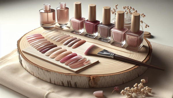 Mehrere geöffnete Gel-Nagellack-Fläschchen in Nude, Rosé, Beeren und Bordeaux mit fächerförmigen Swatches auf heller Birkenholzfläche, feiner Pinsel, Nagelfeile und Nagelöl — nagelfarben für reife haut