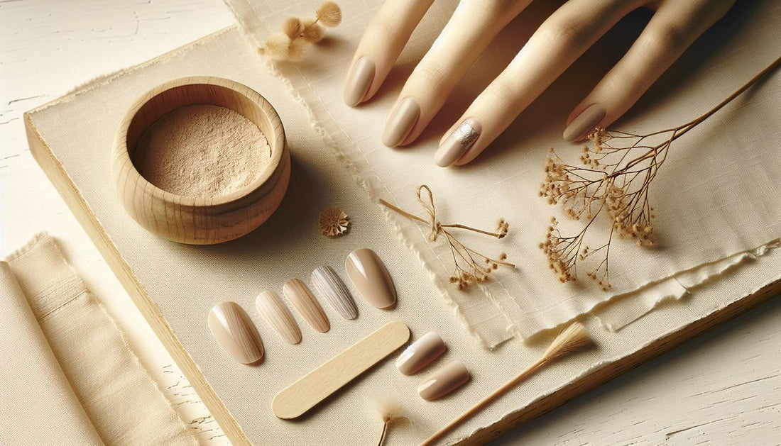 Nahaufnahme arrangierter Ballerina-Press-On-Nägel in warmen Nude-Tönen mit feiner Silberlinie, matte und glänzende Bereiche auf hellem Holz, dezenter rosa Akzent – Nagelformen 2025