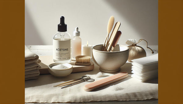 Minimalistisches Flatlay für Nagelgel entfernen: Acetonflasche, Wattepads, Alufolie, Holzstäbchen, Feile, Buffer, Glasschale und Handcreme auf hellem Hintergrund.