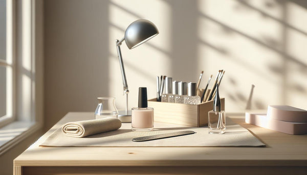 Minimalistisches Flatlay einer hellen Maniküre-Arbeitsfläche mit Nagelöl, Feile, LED-Lampe und offenem Starterkit, reduziert und fokussiert auf nagelgesundheit.