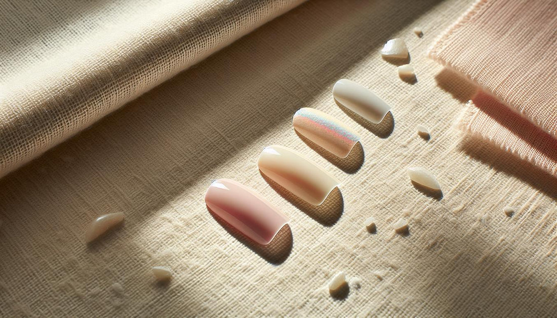 Drei abnehmbare Nageltips auf beigem Leinen: pastell‑puderrosa links, mittig feine neon‑lime Linie, rechts korall‑perlmutt; minimalistisch, nagellack sommer 2025