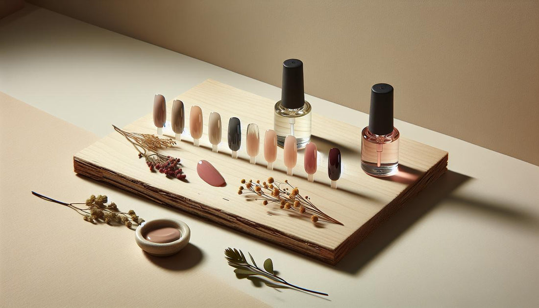 Vier kurze Nagelproben in Nude‑Beige, Peach, Burgunder und Olive auf heller Birkenholzfläche mit Top‑Coat‑Flakon und Nagelöl‑Tropfen – Nagellackfarbe kurze Nägel