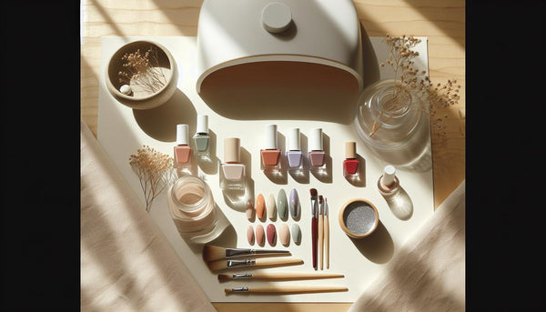 Flatlay mit Nagellackfläschchen, Nageltips in Terracotta, Lavendel, Neon‑Grün, Rot und Chrome‑Puder, feine Pinsel und LED‑UV‑Lampe auf hellem Holz — nagellackfarben 2024