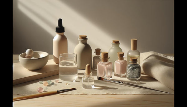 Flatlay mit pastellfarbenen Gel-Fläschchen, Cuticle-Oil-Glas, feinem Nailart-Pinsel, Micro-Glitter und Starterkit-Box auf hellem Holz und Leinen – Nageltrends Sommer 2024