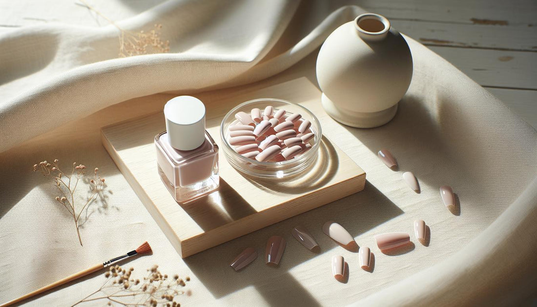 Stillleben mit lackierten Press-on‑Nägeln, geöffnetem Nagellackfläschchen und kleinem UV‑LED‑Lämpchen auf hellem Holz — normaler nagellack aushärten