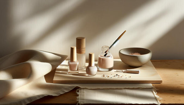 Nahaufnahme eines minimalistischen Moodboards mit rosé- und nude-Nagellackfläschchen, feinen Metallic-Linien, Nail‑Art‑Flakes und geöffnetem Top Coat auf hellem Holz — rosa gelnägel