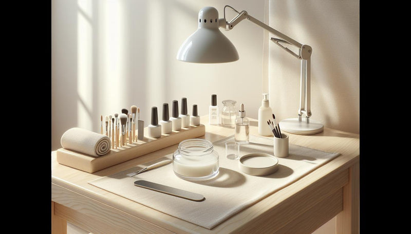 Minimalistisches Stillleben mit LED/UV-Lampe, geöffneten Gel-Töpfen, Nagelöl, Feile und rosa Akzent auf hellem Holz – uv lampe für nägel