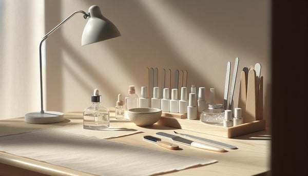 Minimalistischer, heller Nagelarbeitsplatz mit offenen Peel-off-Base-Gel-Dosen, UV-LED-Lampe, sterilen Feilen und Glas Nagelöl auf hellem Holz. Wann darf man keine Gelnägel haben?