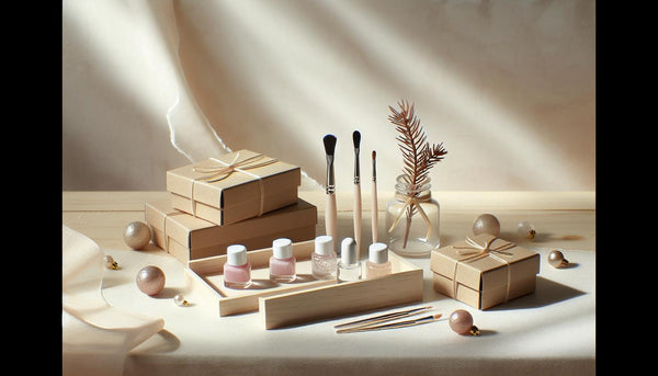 Minimalistisches Flatlay mit weihnachts gelnägel-Set: offene Gel-Tiegel, Pinsel, Tips, Tannenzweige und goldene Deko auf hellem Holz.