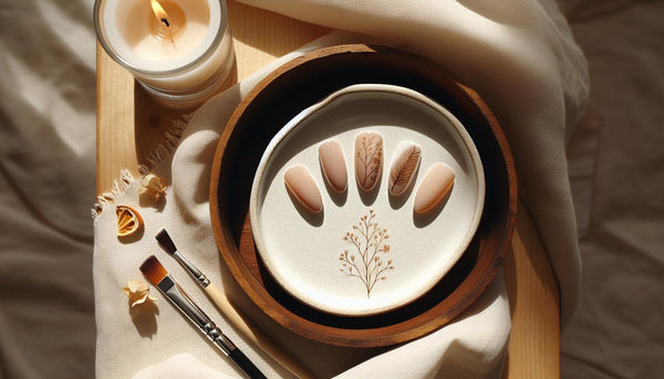Minimalistisches Arrangement: Nude-Press-On-Gelnägel mit goldener Tannenzweig-Illustration auf Keramikschale, Kerzenlicht, Holztablett und Nailart-Pinsel – weihnachts gelnägel
