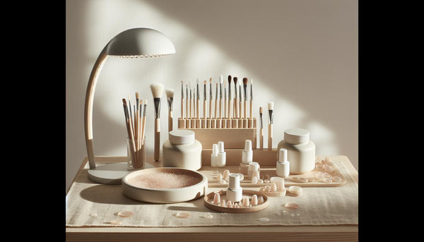 Saubere Maniküre‑Station mit weißen Gelnägeln, geöffneten Gel‑Töpfchen, feinen Nailart‑Pinseln und dezenten Glitzerflakes auf hellem Holz – weiße gelnägel kosten