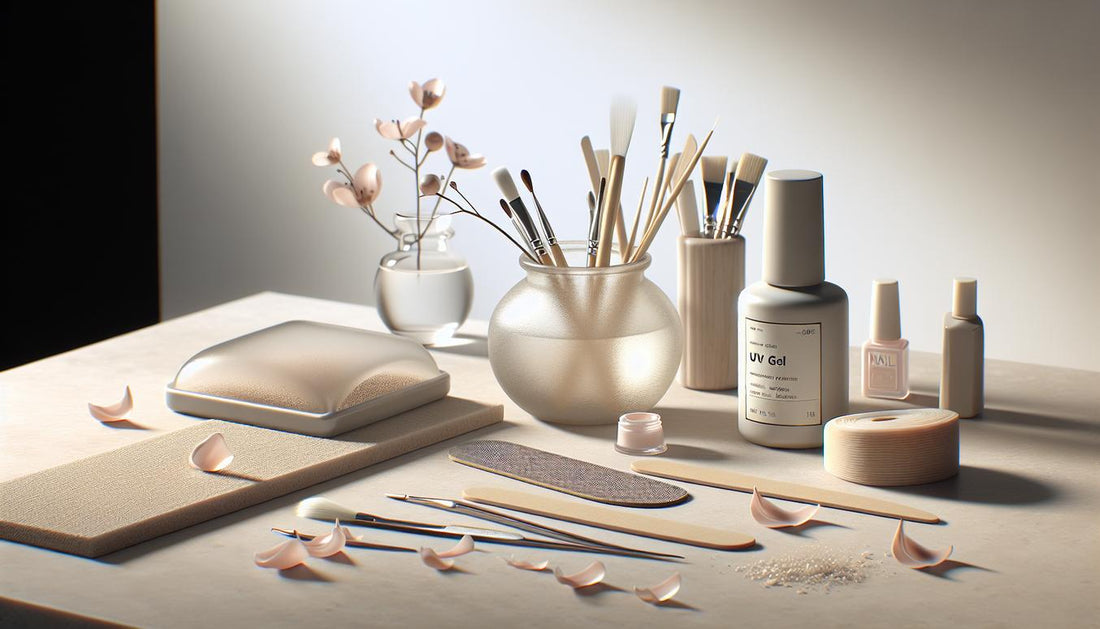 Minimalistischer Nagelarbeitsplatz auf hellem Stein: UV-Gel-Tiegel, Acrylpulver, UV-Lampe, Pinsel, Feile, Handschuhe und Blütenblätter im NailX-Stil.
