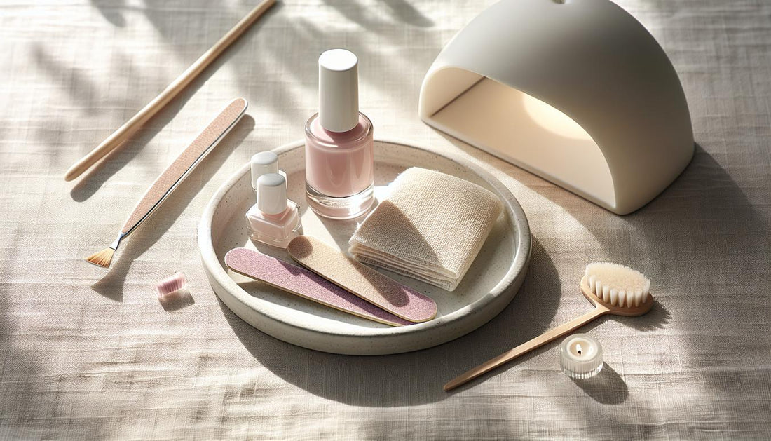 Minimalistischer Nail-Workspace mit Keramikplatte, Buffer-Feile, Base/Top Coat, nude- und beerfarbenem Lack, Pads, Holzstäbchen und UV-Lampe, lichtdurchflutet.