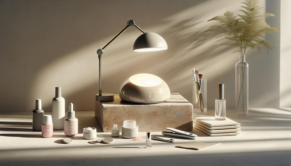 Minimalistisch arrangierter, heller Nail-Workspace mit UV-Lampe, Gel-Fläschchen, Dip-Puder, Pads, Cuticle Oil und Tool auf Steinfläche, viel Weißraum.