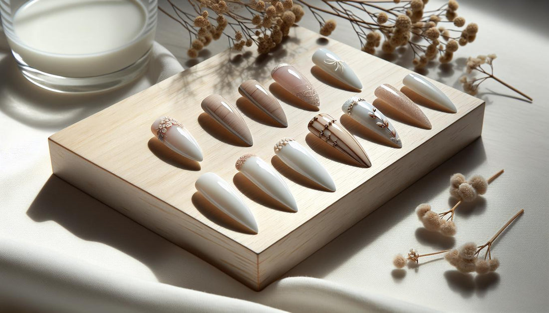 Elegante Nahaufnahme von fünf Nagelformen in French Look auf weißem Hintergrund, minimalistisch und hell mit natürlichem Licht.