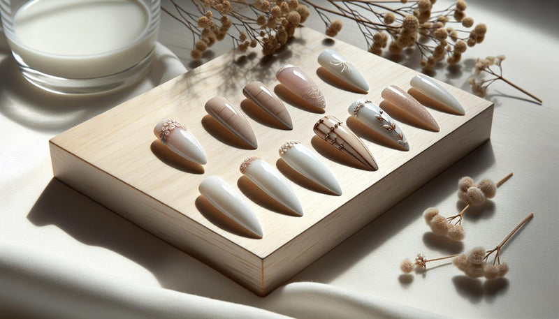 Elegante Nahaufnahme von fünf Nagelformen in French Look auf weißem Hintergrund, minimalistisch und hell mit natürlichem Licht.