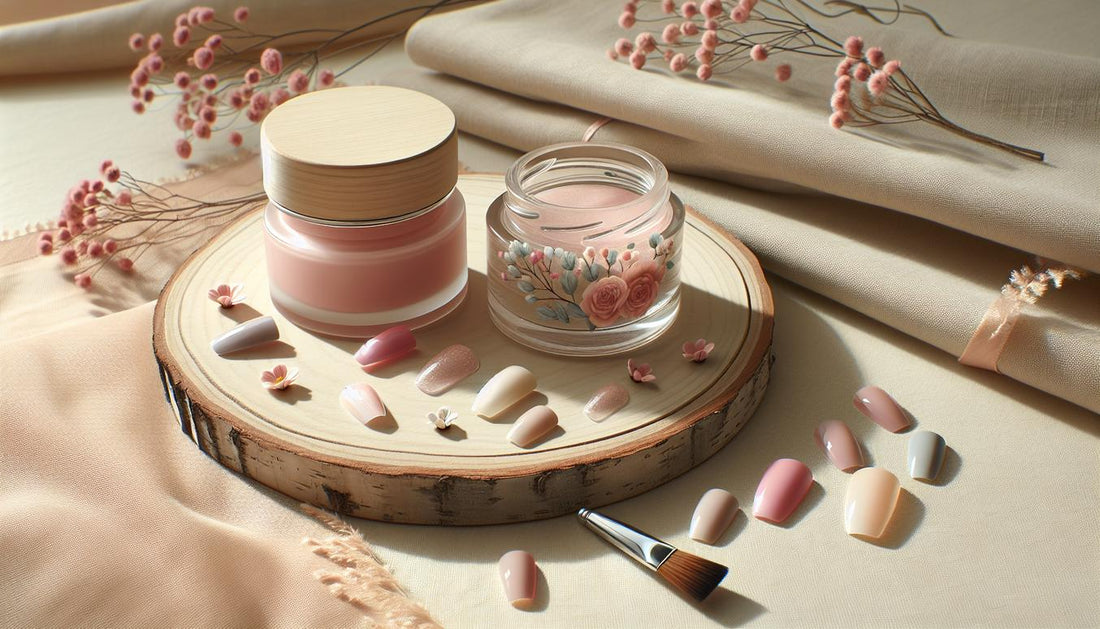 Elegante Press-on Nails in sanften Pastelltönen auf hellem Holz und Leinen, umgeben von Nagelkunst-Pinsel und Blütenblättern, minimalistisch und feminin.