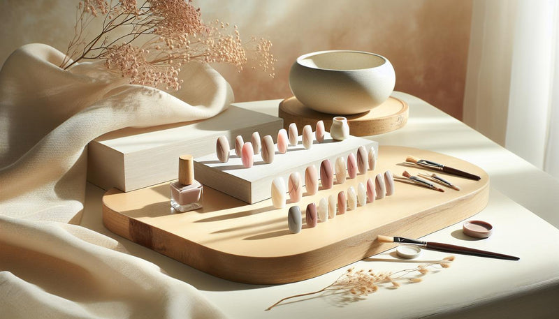 Elegantes Nageldesign-Set mit verschiedenen Nagelformen und zarten Farbtönen auf hellem Holz, minimalistisch und hell mit natürlichen Details.