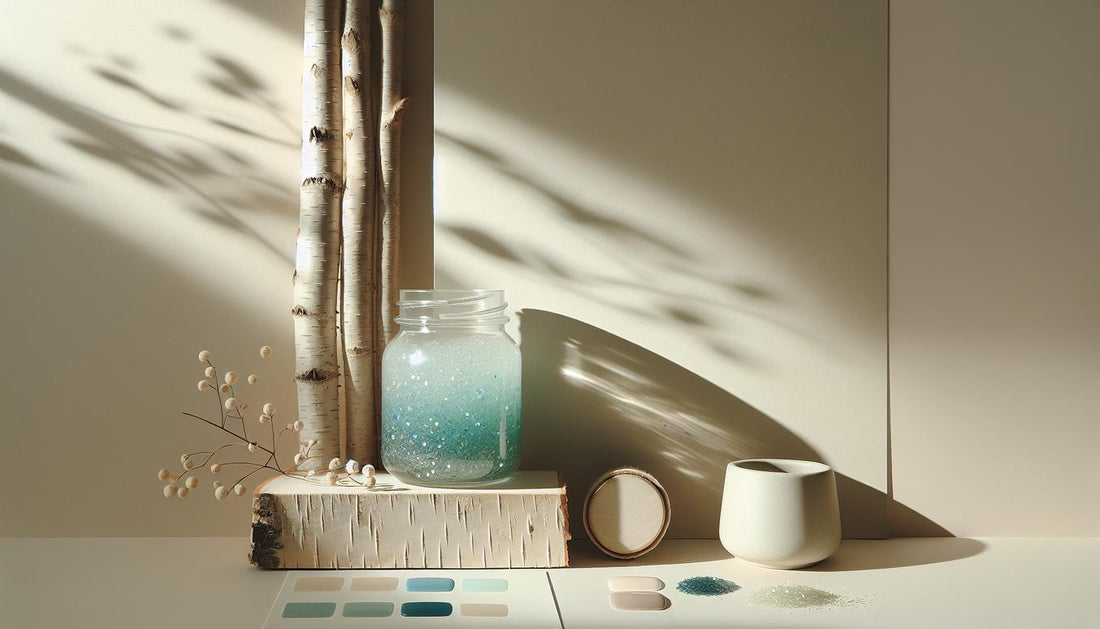 Minimalistisches Setting mit geöffneter UV-Gel-Dose in Blau-Grün mit Glitzerelementen auf hellem Birkenholz, natürlichem Tageslicht und dezenten Blütenblättern.