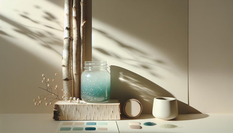 Minimalistisches Setting mit geöffneter UV-Gel-Dose in Blau-Grün mit Glitzerelementen auf hellem Birkenholz, natürlichem Tageslicht und dezenten Blütenblättern.