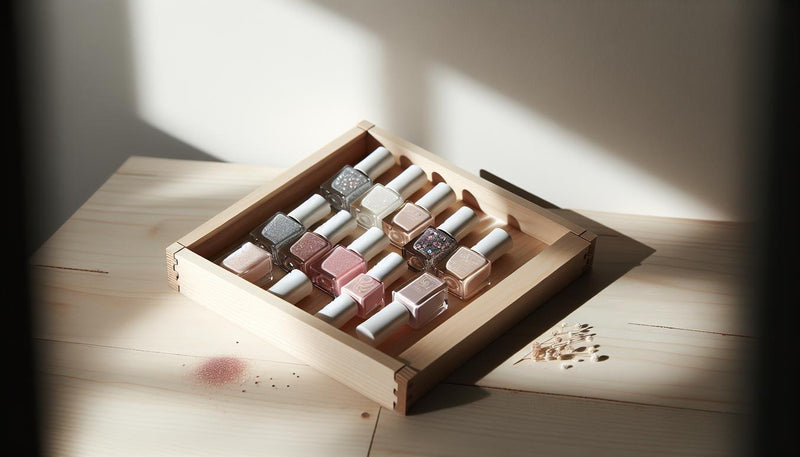 Minimalistische Nagellackpalette mit klassischen und modernen Farben samt dezenten Glitzereffekten auf hellem Birkenholz, umgeben von Blütenblättern.