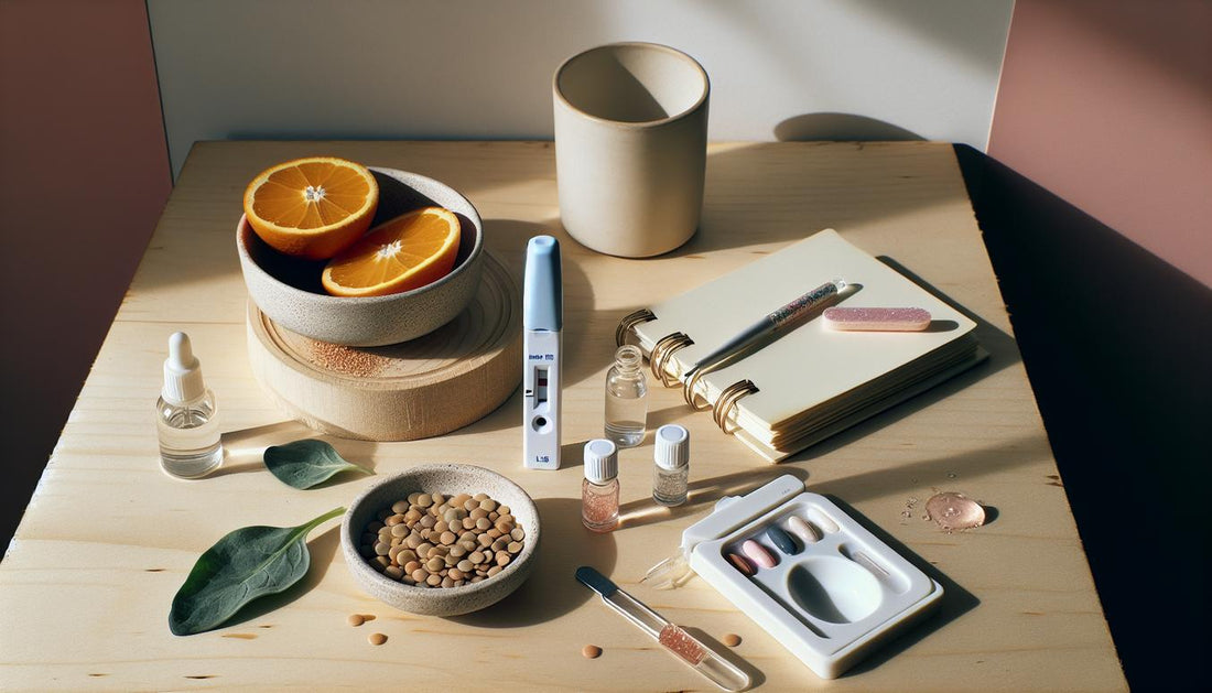 Flatlay auf hellem Holz mit Ferritin-Heimtest-Kit, Linsen, Spinat, halber Orange, Nagelpflege-Tools, Notizbuch. Helles Tageslicht, minimalistisch, NailX-Stil.