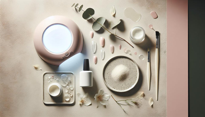 Minimalistische Flat-Lay-Komposition: UV-Lampe, Gel-Tiegel und Gelswatches links, Acrylpulver, Monomer-Glas, Acrylpinsel und Schablonen rechts auf hellem Naturstein.