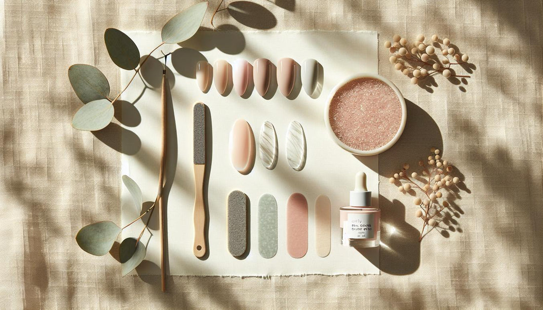 Flatlay: auf hellem Leinen liegen transparente und nude Nail-Tips, Buffer, Feile, Cuticle-Öl-Fläschchen und Babyboomer-Swatches, minimalistisch angeordnet.
