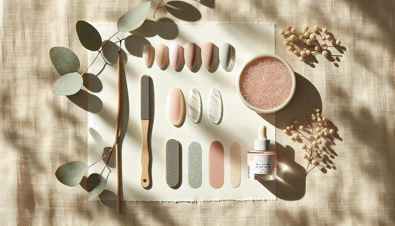 Flatlay: auf hellem Leinen liegen transparente und nude Nail-Tips, Buffer, Feile, Cuticle-Öl-Fläschchen und Babyboomer-Swatches, minimalistisch angeordnet.