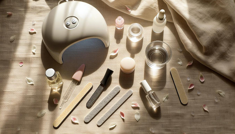 Heller, minimalistischer Nagel-Workspace: UV-Lampe, Feilen, Buffer, Gel-Tiegel, Nagelöl und Glas Wasser auf beigem Leinen im Tageslicht, NailX-Stil.