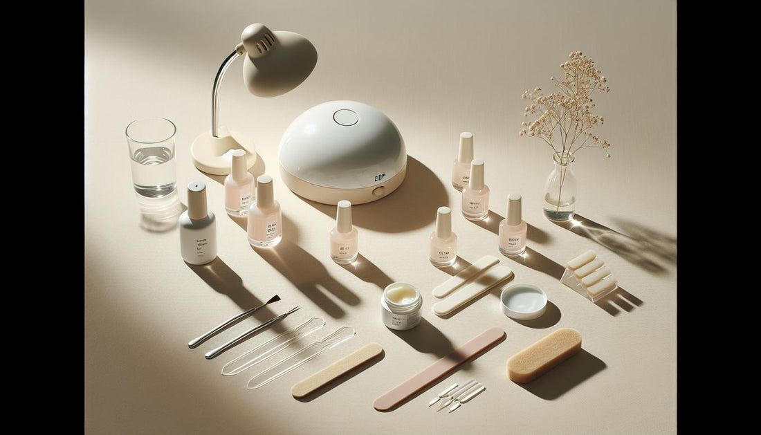 Flatlay mit LED/UV-Lampe, offenen Gel-Tiegeln, Tips, Feile, Aceton-Glas und Pads auf hellem Stoff, ordentliche Step-by-Step-Anordnung im NailX-Stil.