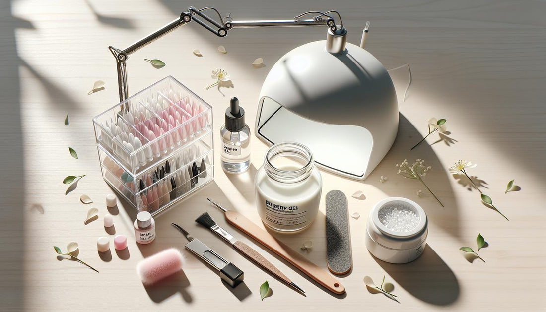 Helle Flatlay-Szene: Builder-Gel, Soft-Gel-Tips, LED-Lampe, Dehydrator, Primer, Nagelöl, Feile, Staubbürste auf heller Holzoberfläche, minimalistisch arrangiert.