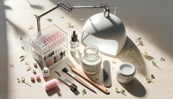 Helle Flatlay-Szene: Builder-Gel, Soft-Gel-Tips, LED-Lampe, Dehydrator, Primer, Nagelöl, Feile, Staubbürste auf heller Holzoberfläche, minimalistisch arrangiert.