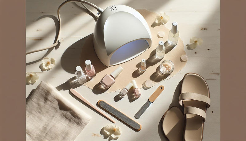 Stillleben aus UV/LED-Lampe, Fläschchen, Nagelfeile, zwei Gel-Farben, Buffer, Handtuch und Sandalen auf hellem Holz – minimalistische Nagelstudio-Atmosphäre.