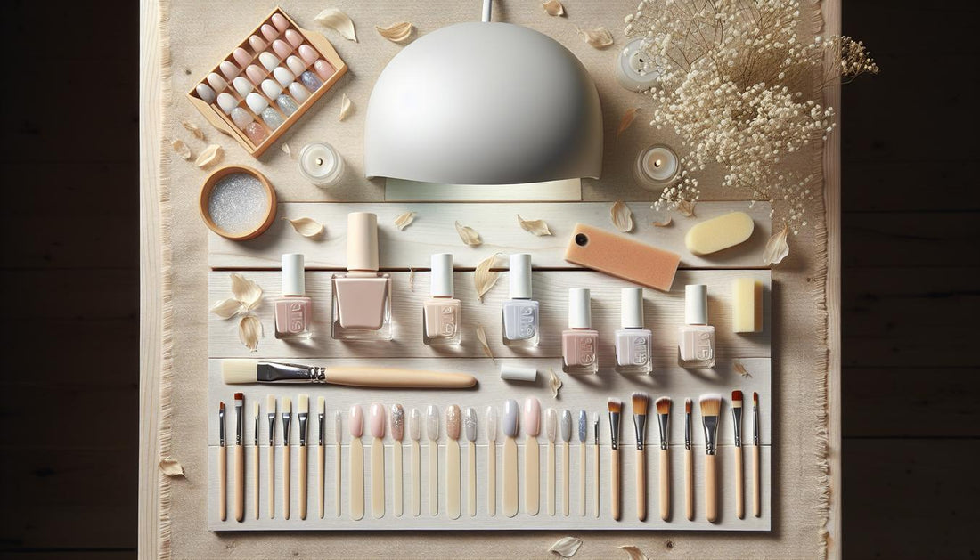 Modernes Flatlay mit UV-Lampe, Gelnägel-Utensilien, French- und Ombré-Nagelmustern, Glitzer und Metallic-Details auf hellem Holz im minimalistischen NailX-Stil.