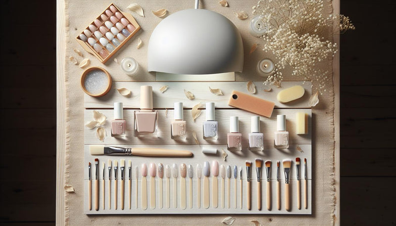 Modernes Flatlay mit UV-Lampe, Gelnägel-Utensilien, French- und Ombré-Nagelmustern, Glitzer und Metallic-Details auf hellem Holz im minimalistischen NailX-Stil.