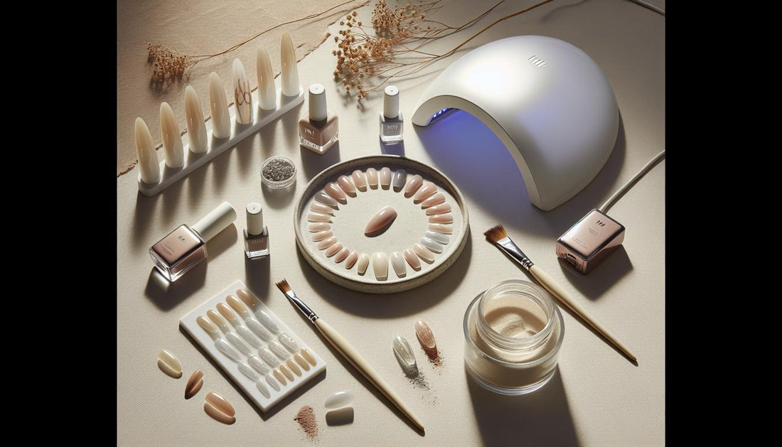 Minimalistisches Flatlay: Soft-Gel-Nageltipps, UV-Lampe, Chrompuder, zwei Gel-Liner und nude Gel, plus Nagelmuster auf beigem Hintergrund, viel Weißraum, NailX-Stil.