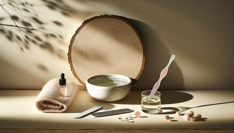 Minimalistisches Stillleben: Glasnagelfeile, kleines Cuticle-Öl, Baumwolltuch und Keramikschale mit Wasser auf hellem Holz, feminin und luftig arrangiert.