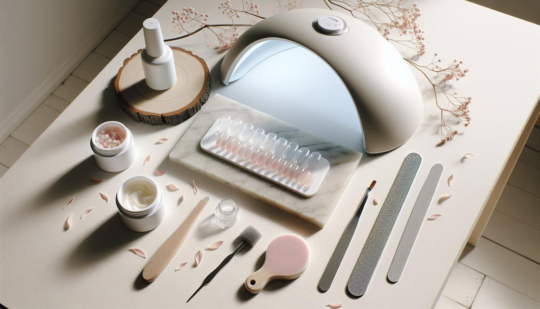 Minimalistischer Nail-Desk: UV/LED-Lampe, Soft-Gel-Tips, Gel-Tiegel, Feile, Buffer, Cuticle-Tool und Acetonfläschchen auf hellem Holz im Tageslicht.