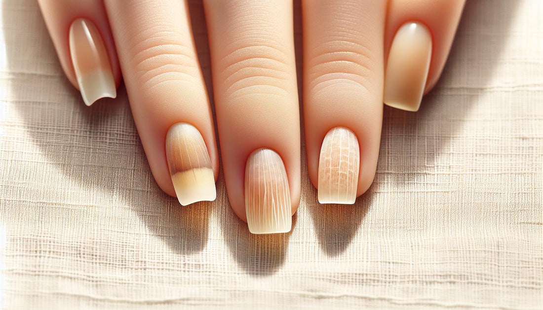 Makroaufnahme natürlicher Fingernägel auf beigem Leinen – drei Zustände: Terry-Nägel, Leukonychie, Muehrcke-Linien. Minimalistisch, ruhig, NailX-Stil.