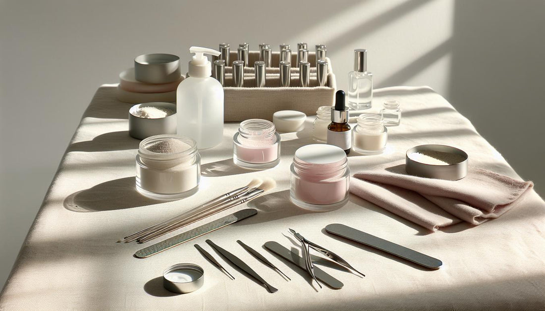 Minimalistische Nagel-Workstation mit Acrylpulver-Döschen, Monomer, Primer, Aceton und Edelstahl-Tools auf beigem Leinen bei natürlichem Tageslicht.